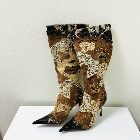 Steve Madden Shoes - Unique Steve Madden Brown and Cream Patterned Mixed Material Heeled Boots Sz 7